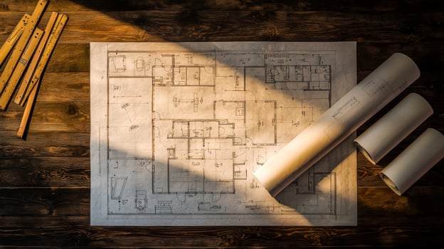 Architectural blueprint floor plans displayed on a table for property development and construction photo