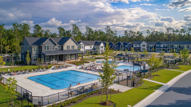 Serene suburban neighborhood with tree-lined streets, colorful flowerbeds, and cozy homes photo