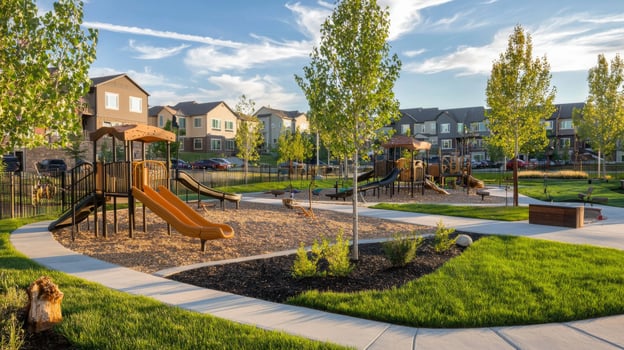 Serene suburban neighborhood with tree-lined streets, colorful flowerbeds, and cozy homes photo