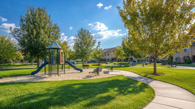 Serene suburban neighborhood with tree-lined streets, colorful flowerbeds, and cozy homes photo