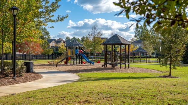 Serene suburban neighborhood with tree-lined streets, colorful flowerbeds, and cozy homes photo