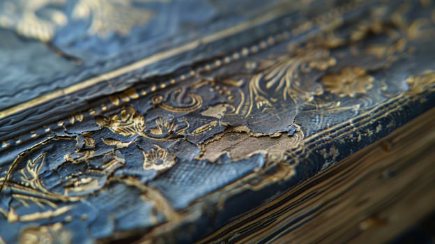 A closeup of the spine reveals intricate embossed designs and fading gold lettering. There are also small tears and frayed edges adding to the books wellloved appearance photo