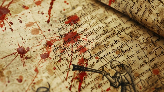 A handwritten mcript from the Middle Ages describing Viking warriors cleansing themselves in frozen rivers after battle photo