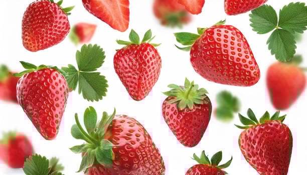 Flying juicy ripe strawberries with leaves isolated on a white background photo