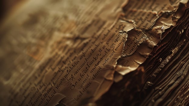 The pages of the book have turned a deep shade of brown with some creases and small tears. The text is written in elegant calligraphy adding to the books oldworld feel photo