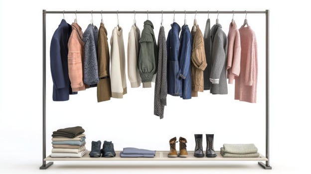 Stylish outfits displayed on a clothing rack. Collection of fashionable clothes photo