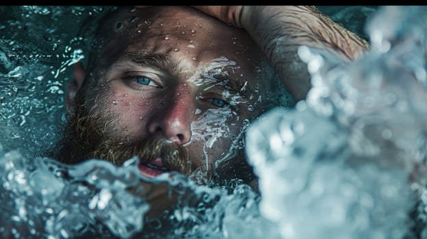 A man laying in an ice bath picturing himself as a powerful Viking warrior conquering the cold photo