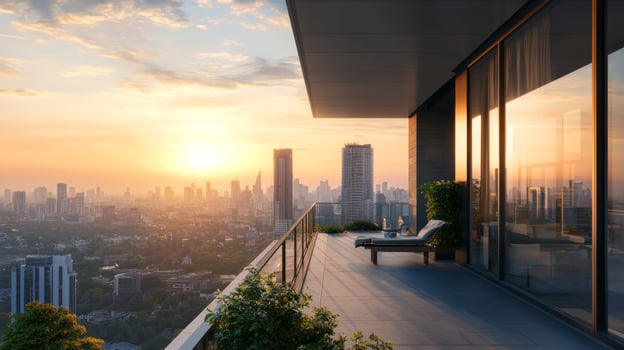 Scenic view from balcony of urban apartment. City skyline viewed from balcony photo