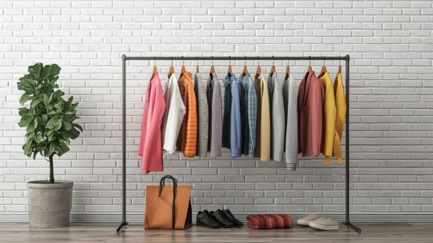 Stylish outfits displayed on a clothing rack. Collection of fashionable clothes photo