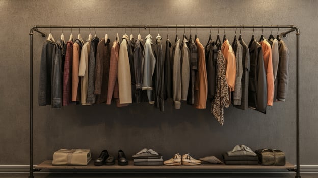 Stylish outfits displayed on a clothing rack. Collection of fashionable clothes photo