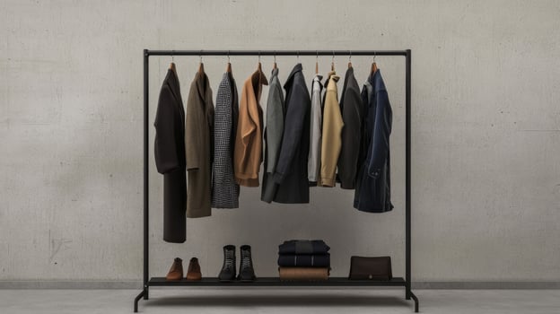 Stylish outfits displayed on a clothing rack. Collection of fashionable clothes photo
