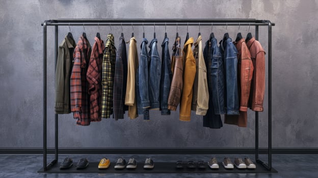 Stylish outfits displayed on a clothing rack. Collection of fashionable clothes photo
