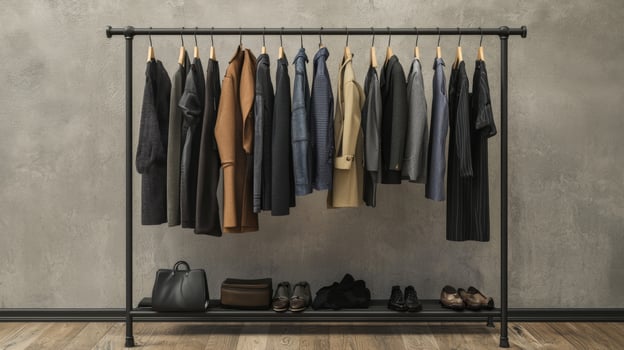 Stylish outfits displayed on a clothing rack. Collection of fashionable clothes photo