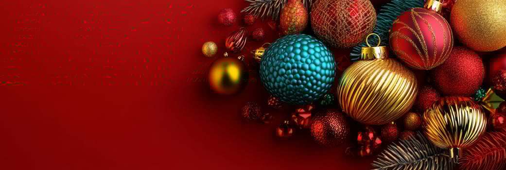 Arrangement of Christmas ornaments and holiday decorations on a red background photo