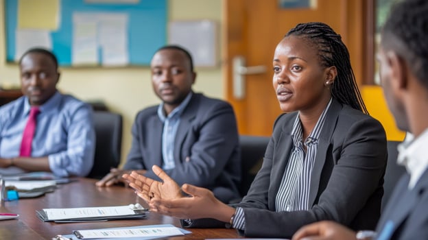 In an office meeting a woman speaks confidently while addressing her attentive male and female colleagues emphasizing gender equality in leadership roles. photo
