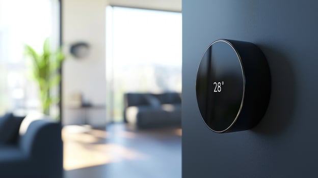 smart thermostat is being effortlessly adjusted via voice control showcasing its sleek design in a stylish modern living room filled with natural light. photo
