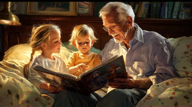 In a serene bedroom loving grandparents share a cherished moment reading bedtime stories to their delighted grandchildren fostering family bonds and traditions. photo