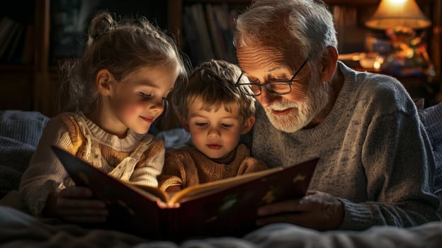 Two grandchildren listen intently as their grandparents read a bedtime story together creating a warm and nurturing atmosphere in their cozy home. photo