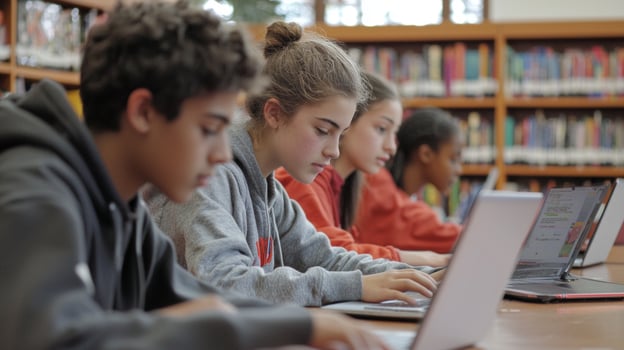 group of students is focused on collaborating for their project utilizing laptops in a well lit school library filled with books. The atmosphere is productive and engaging. photo