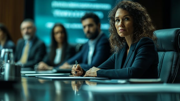 In a professional boardroom a woman confidently leads a diverse team fostering discussions on gender equality and promoting inclusive leadership practices among her peers. photo