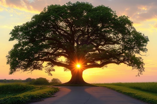 A Majestic Oak Tree Stands Tall, Silhouetted Against a Vibrant Sunset photo