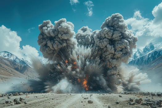 A massive explosion in a mountainous region, producing a plume of smoke and debris. photo