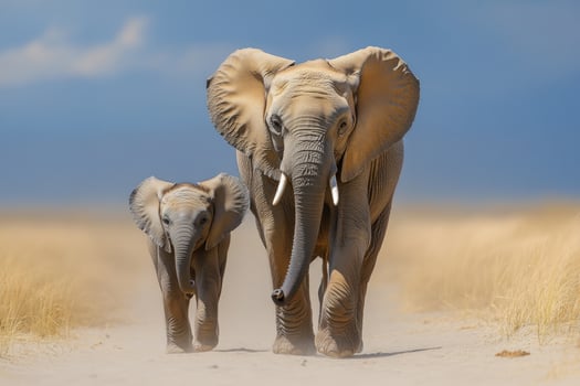 An adult and a baby elephant walking on a sandy path photo