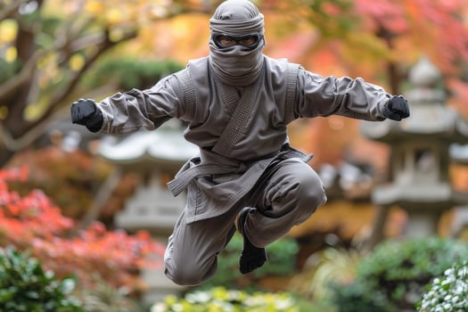 A Ninja in Gray Jumps Through a Fall Foliage Background photo