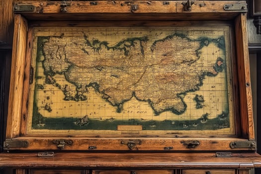 Antique Wooden Cabinet with an Old Map Inside photo