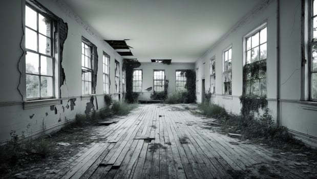 An old abandoned building with a long hallway photo