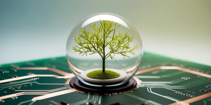 A Green Tree Encased in a Glass Sphere Resting on a Circuit Board. photo