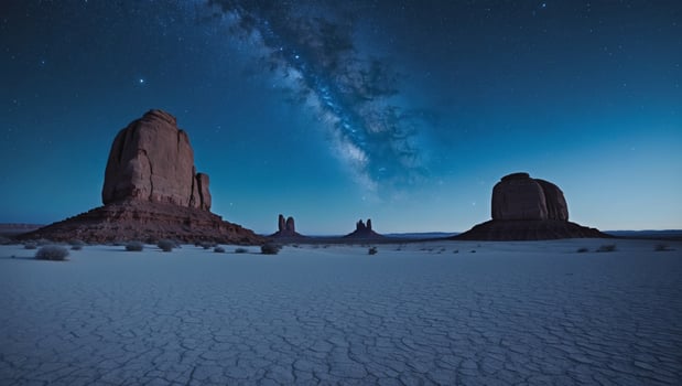 A Starry Night over a Desert Landscape with Tall Rocks. photo
