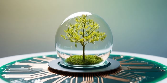 A Green Tree Encased in a Glass Sphere Resting on a Circuit Board. photo