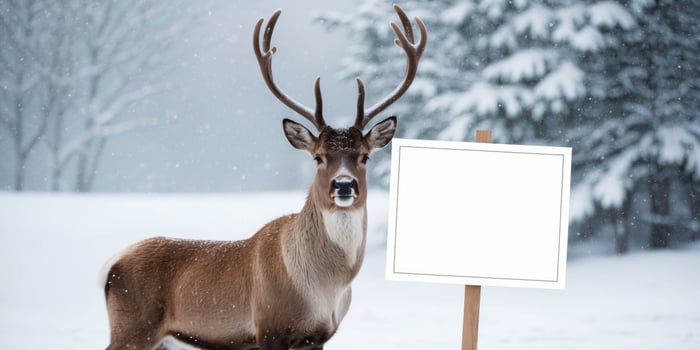 Reindeer Holding a Blank Sign in the Snow. photo