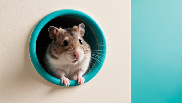 A curious hamster peeks through a hole in a turquoise wall. photo