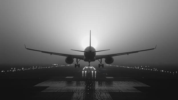 The plane lands on the runway, silhouetted against the horizon photo