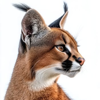 caracal sits gracefully, its tufted ears perked up, showcasing elegant fur and an inquisitive expression against a pristine white background. photo