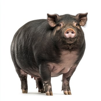 delightful pot-bellied pig showcases its adorable features, with a large round belly and sturdy short legs, creating a captivating portrait against a pristine white backdrop. photo