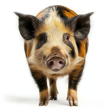 striking red river hog stands confidently, showcasing its long snout and fascinating facial markings. The animal's vivid fur contrasts beautifully with the plain background. photo