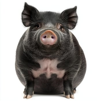Vietnamese pot-bellied pig sits happily, its round belly and small snout on display. This charming creature radiates contentment in a minimalist setting. photo