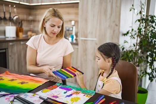 Mother and daughter engage in creative art activity at home photo