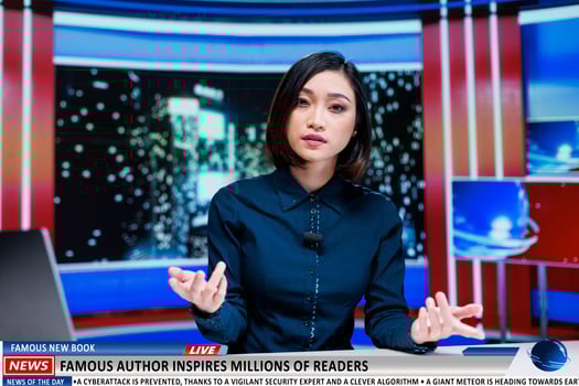 Presenter covers famous book headline, discussing about great author inspiring citizens to read more. Asian media journalist hosting night show to promote new lecture launch on live tv. photo