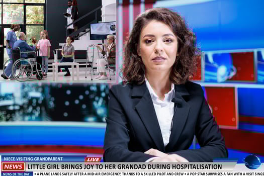 News story of child visiting old patient on live television program, beautiful gesture done by sweet niece seeing grandparent during hospitalization. Newscaster reading headlines. photo