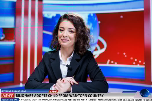Host talks about billionaire adopting child from poor country, providing a home and ensuring great life. Anchorwoman on talk show addressing details about adoption, tv reportage. photo