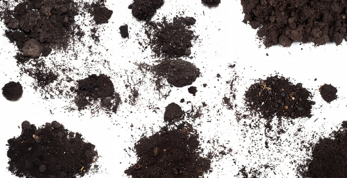 Scattered dirt and soil clumps on a clean white background, ideal for textures, backgrounds, or gardening themes. photo