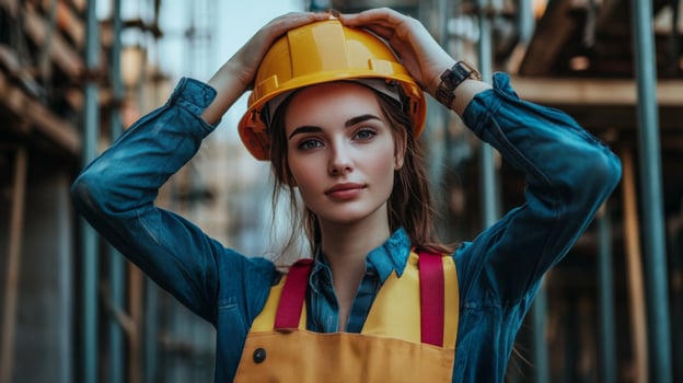 Woman Wearing Yellow Hard Hat and Blue Denim Shirt photo