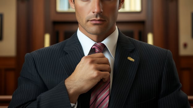 Man in a Pinstripe Suit Adjusting His Tie photo