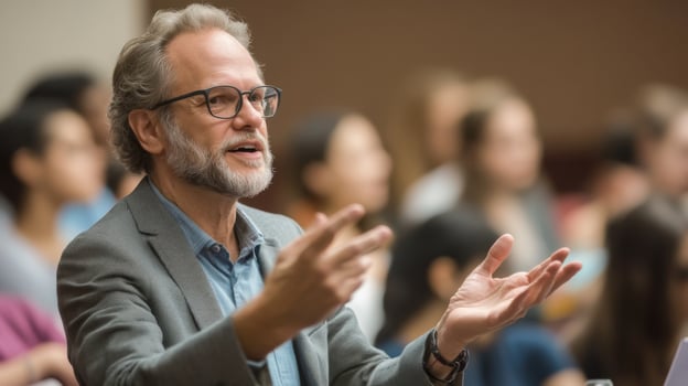 A Man in a Grey Suit with Glasses Gesturing with His Hands While Speaking photo