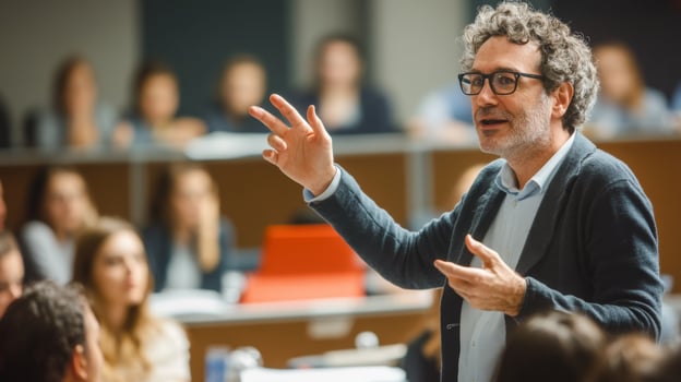 Middle-aged man in glasses giving a presentation to a blurred audience. photo