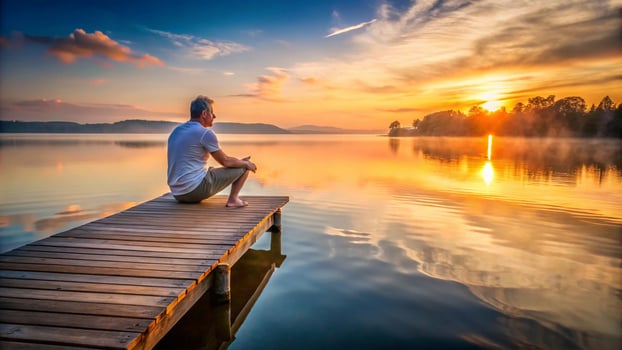A man sitting on a dock at sunset photo